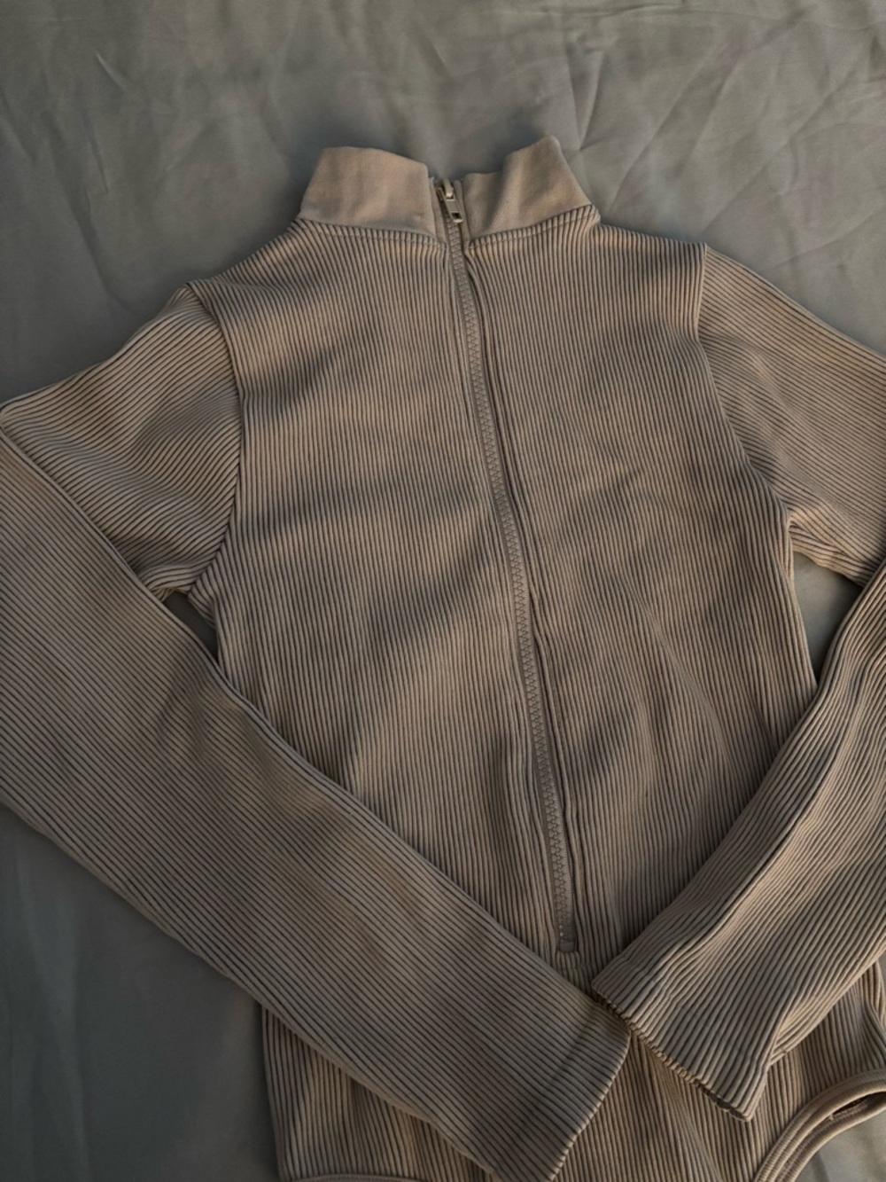 Beige Ribbed Zip-Front Bodysuit - Picture 2 of 3